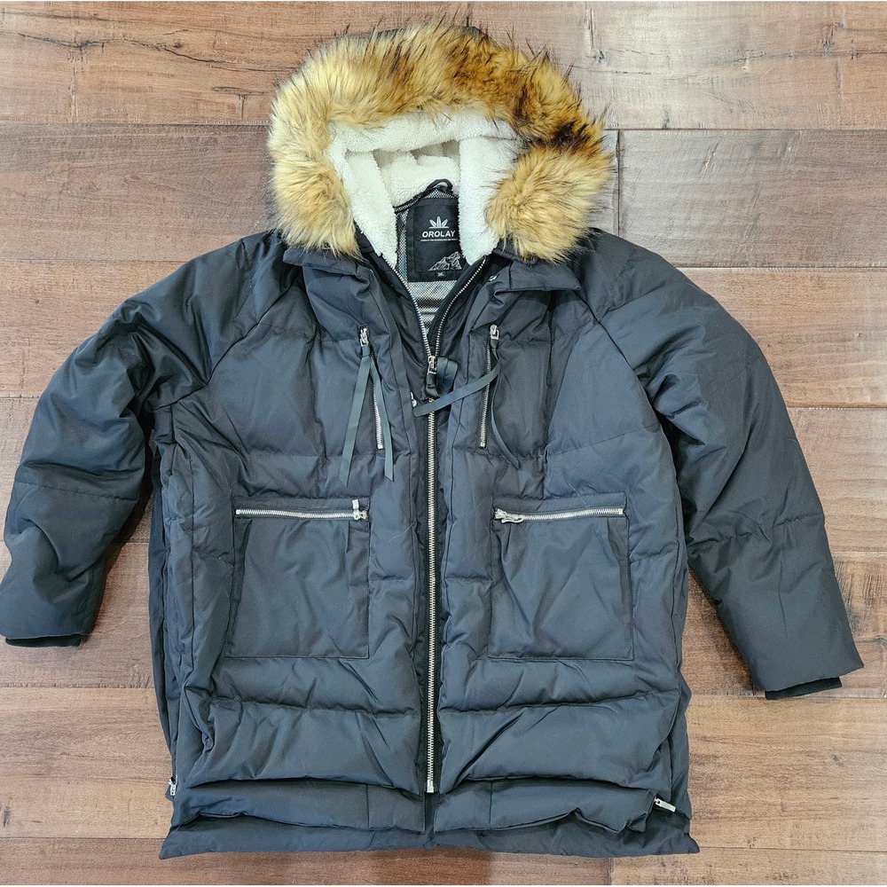 Orolay Ski Lodge Expandable 3XL Black Thickened Down Jacket Faux Fur Hood